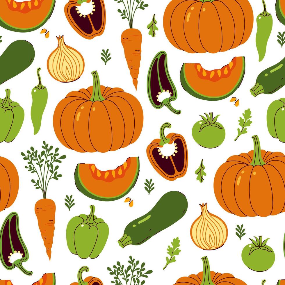 Seamless pattern with orange and green vegetables. graphics. vector
