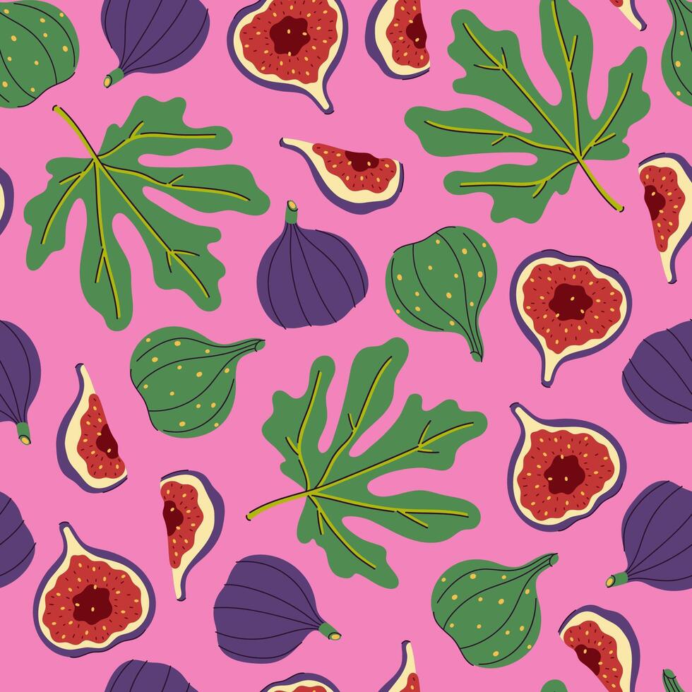 Seamless pattern with fig fruits and leaves on a pink background. graphics. vector