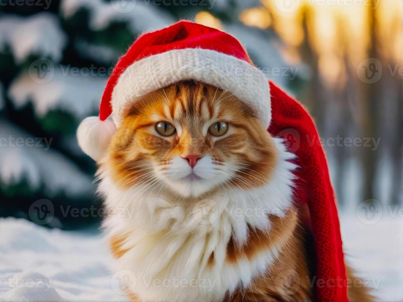 red fluffy cat in a santa hat and scarf on a winter background photo