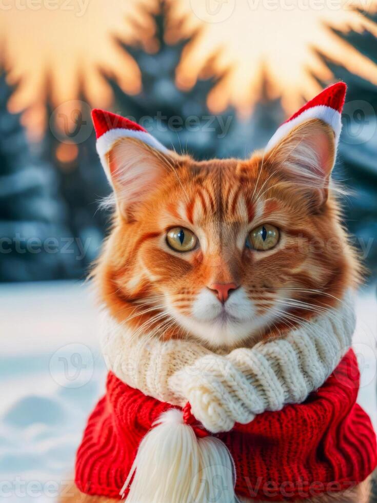 red fluffy cat in a santa hat and scarf on a winter background photo