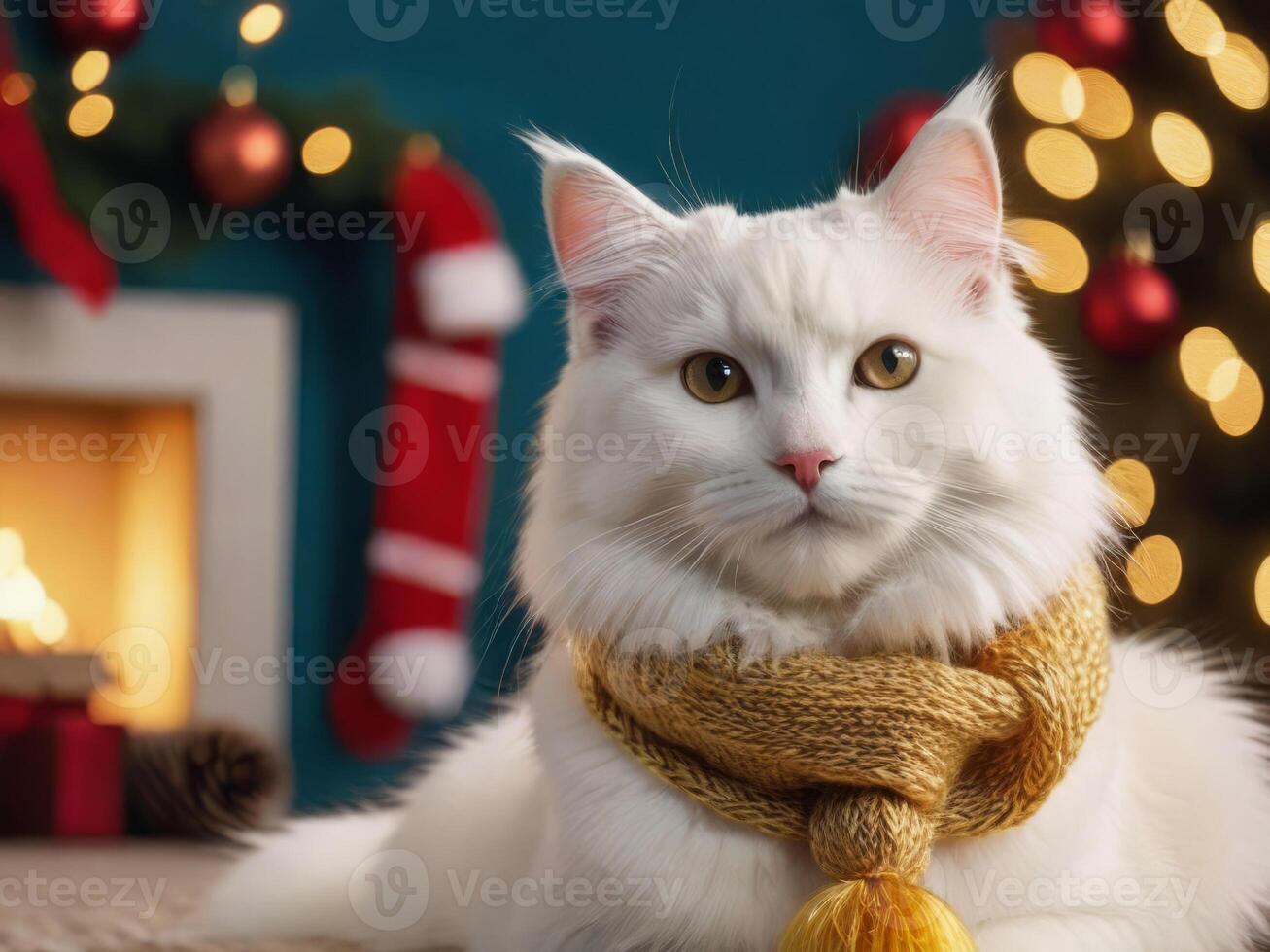 white fluffy cat in a santa hat on a christmas background photo