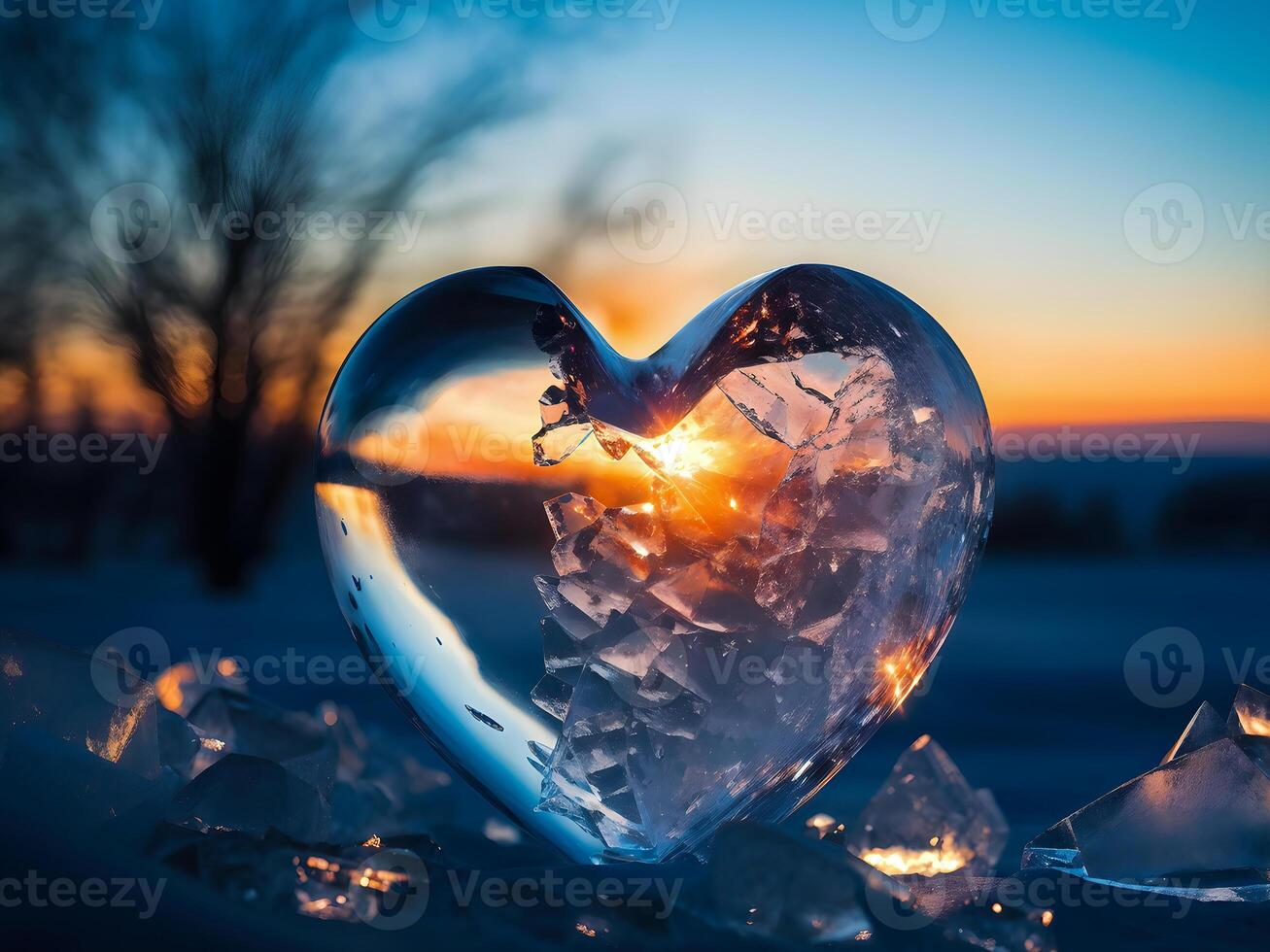 ice heart against sunset background, concept of love and indifference photo