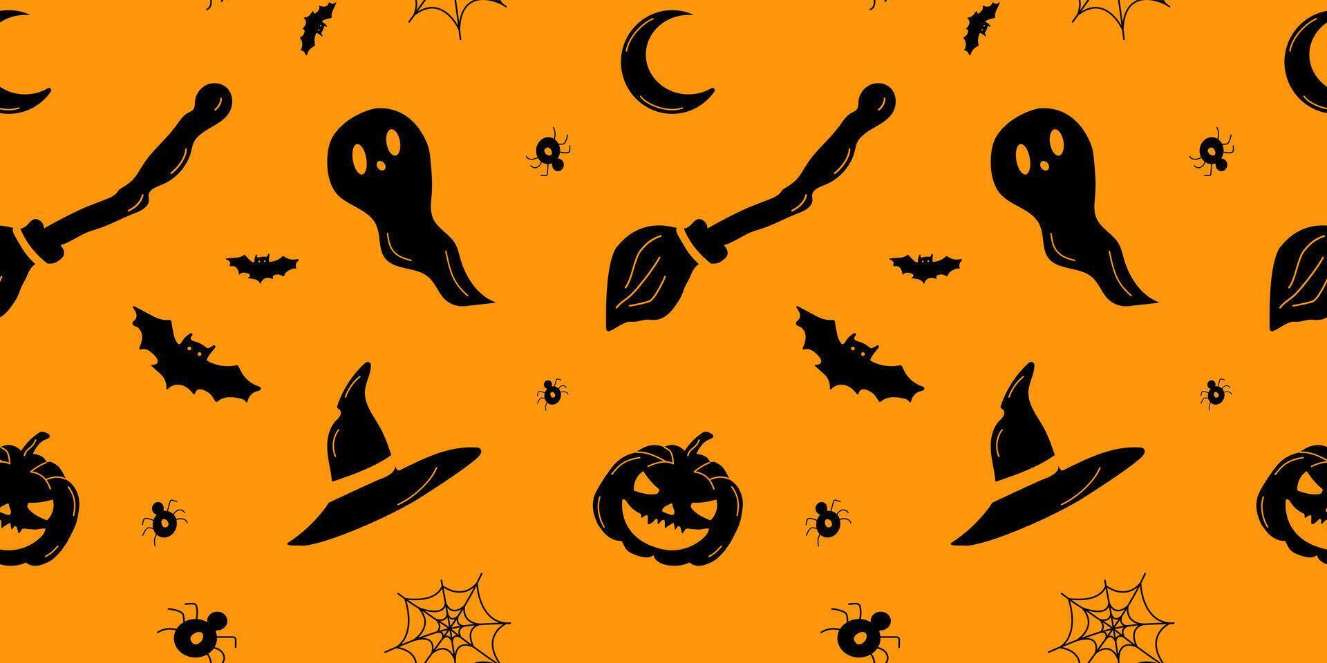 Seamless Halloween Pattern with Black Elements on an Orange Background for Textile, Fabric, Wrapping Paper vector