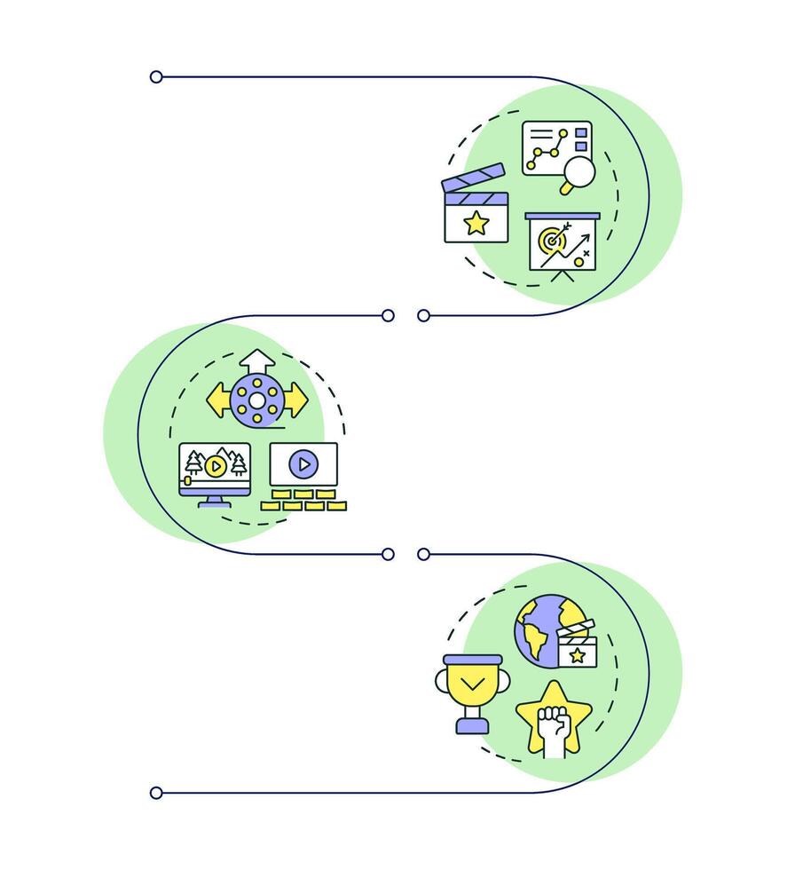 Movie marketing strategy infographic vertical sequence. Distribution film, streaming. Visualization infochart with 3 steps. Circles workflow vector