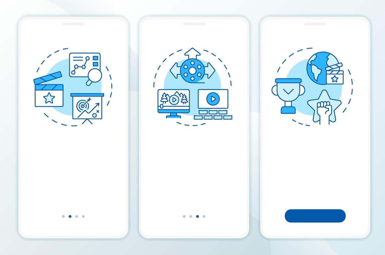 Movie marketing blue onboarding mobile app screen. Walkthrough 3 steps editable graphic instructions with linear concepts. UI, UX, GUI template vector