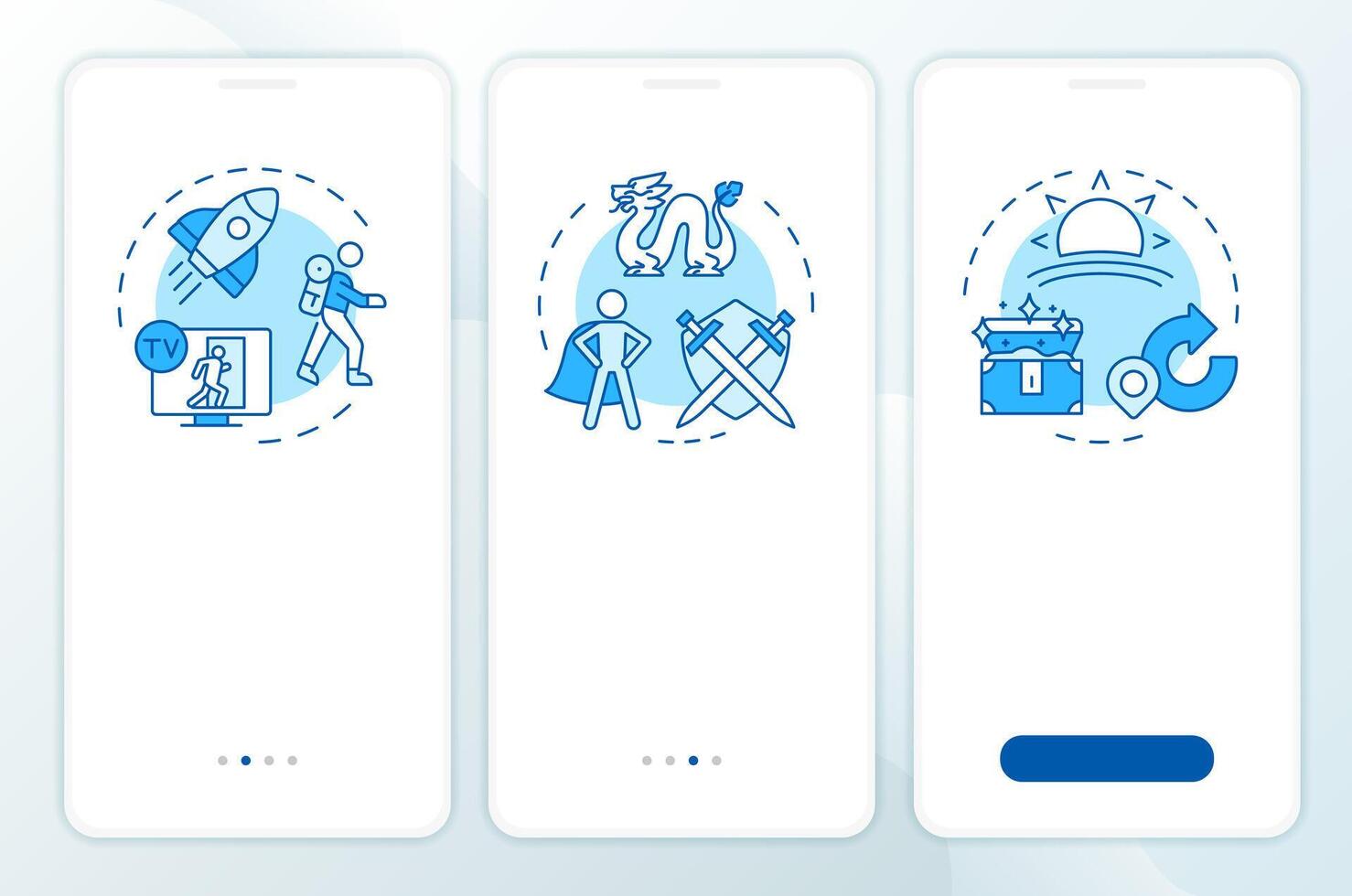 Hero journey elements blue onboarding mobile app screen. Walkthrough 3 steps editable graphic instructions with linear concepts. UI, UX, GUI template vector