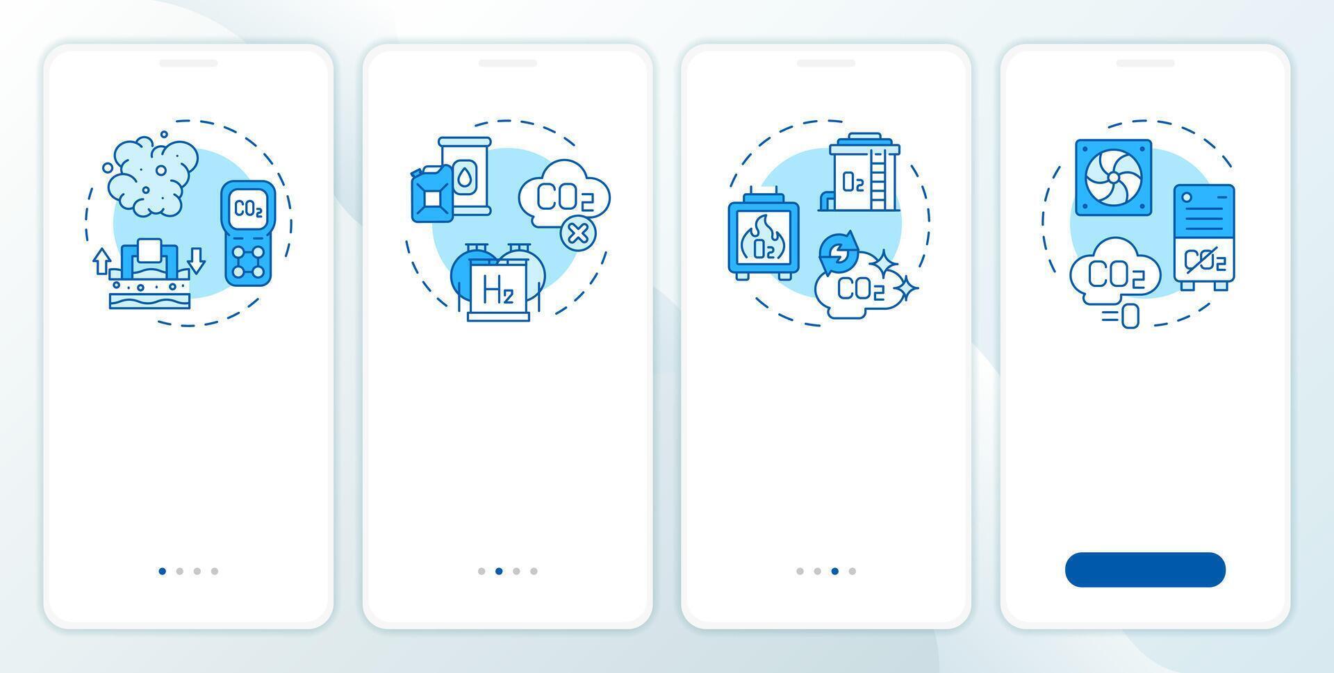 Carbon capture technology blue onboarding mobile app screen. Walkthrough 4 steps editable graphic instructions with linear concepts. UI, UX, GUI template vector