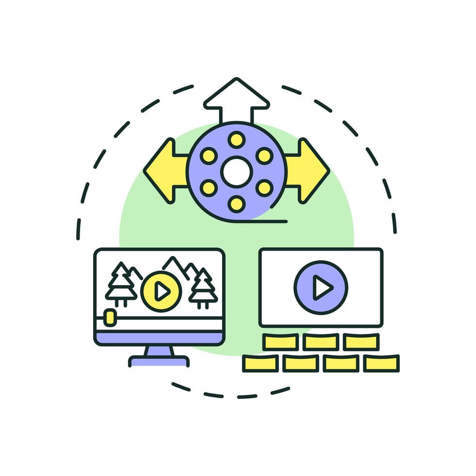 Film distribution multi color concept icon. Movie streaming, entertainment. Cinema premiere. Round shape line illustration. Abstract idea. Graphic design. Easy to use in infographic, presentation vector