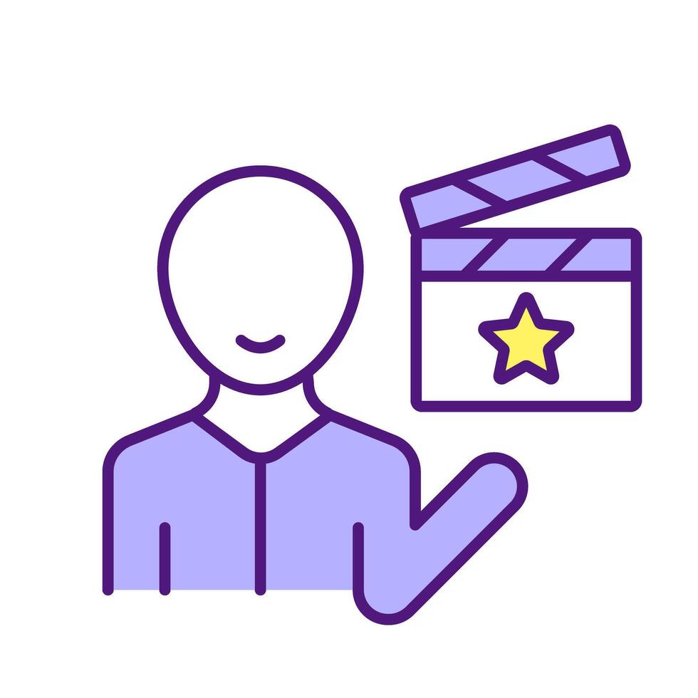 Clapper person RGB color icon. Filmmaking, producer man. Film industry, grapher. Clapperboard, acting. Isolated illustration. Simple filled line drawing. Editable stroke vector