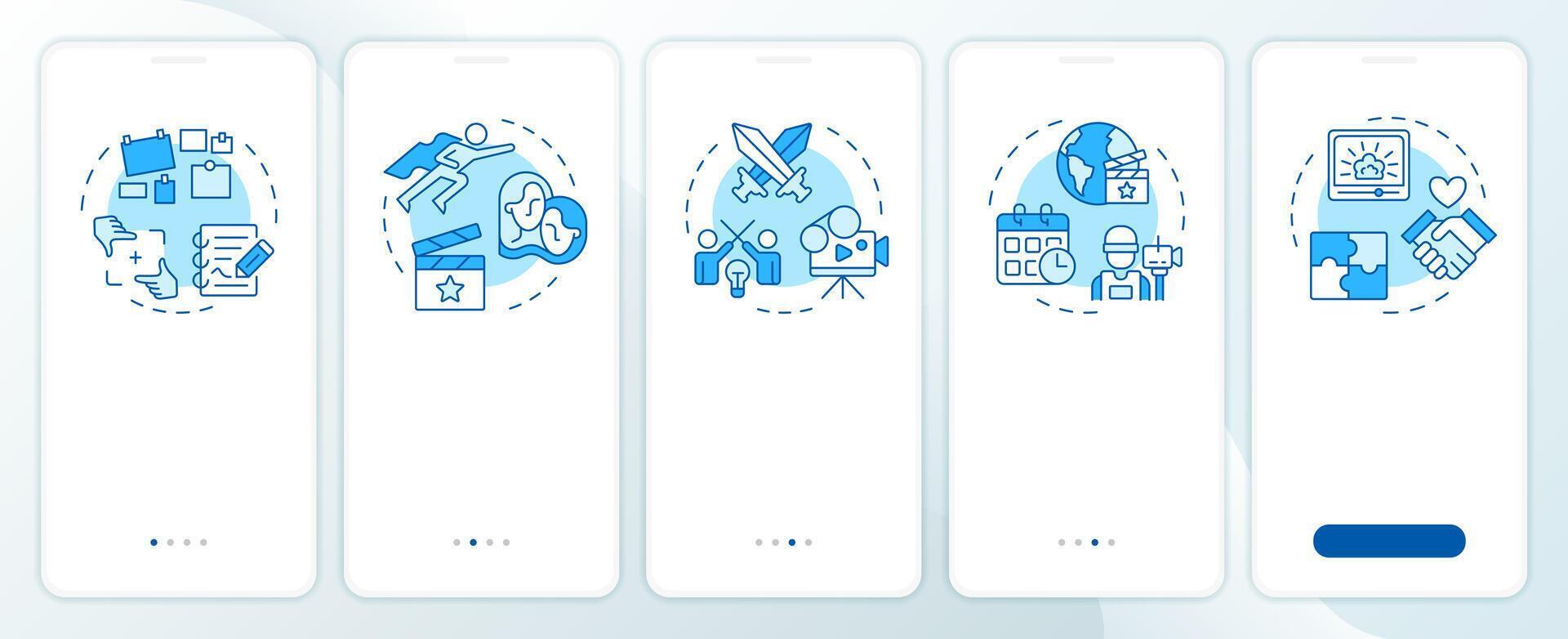 Story elements blue onboarding mobile app screen. Walkthrough 5 steps editable graphic instructions with linear concepts. UI, UX, GUI template vector
