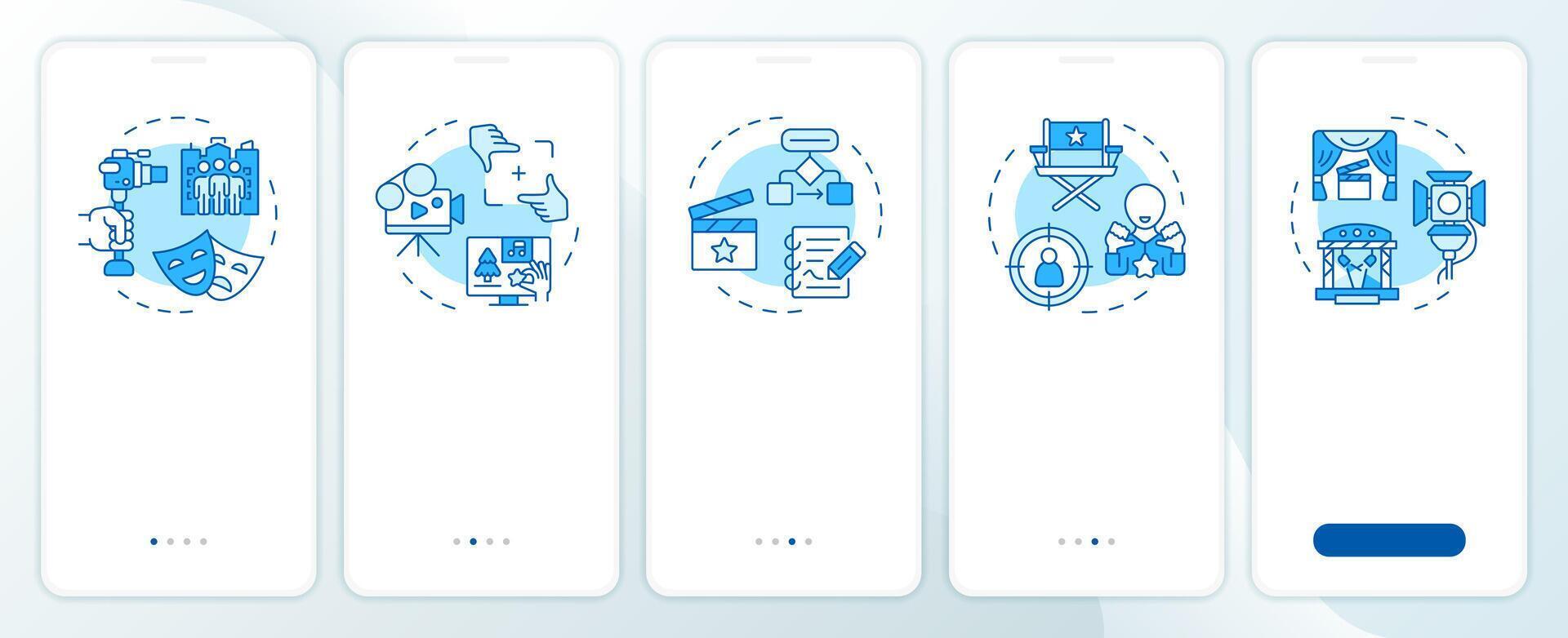 Film narrative blue onboarding mobile app screen. Walkthrough 5 steps editable graphic instructions with linear concepts. UI, UX, GUI template vector