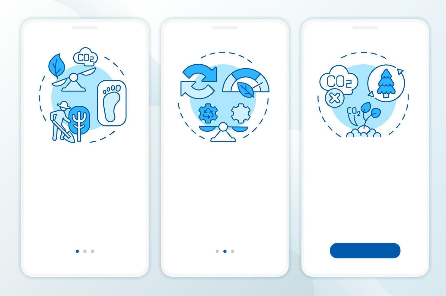 Net-zero emission blue onboarding mobile app screen. Walkthrough 3 steps editable graphic instructions with linear concepts. UI, UX, GUI template vector
