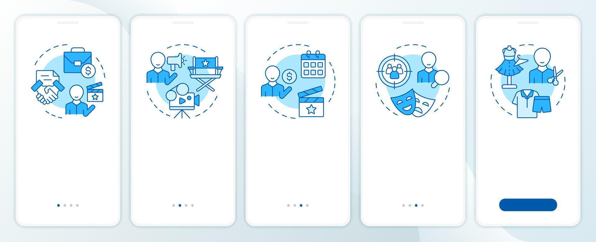 Film crew management blue onboarding mobile app screen. Walkthrough 5 steps editable graphic instructions with linear concepts. UI, UX, GUI template vector