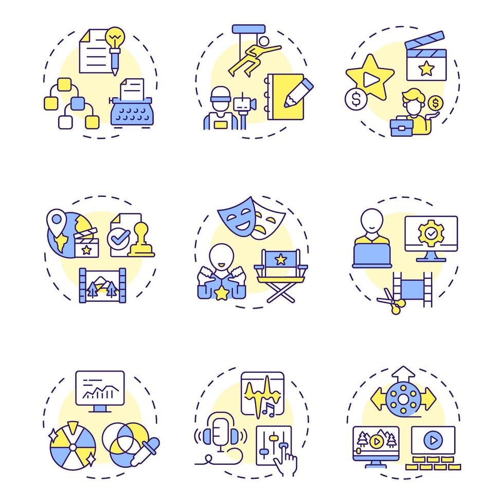 Film production multi color concept icons. Movie script, screenwriting. Funding management, directing. Icon pack. Round shape illustrations for infographic, presentation. Abstract idea vector