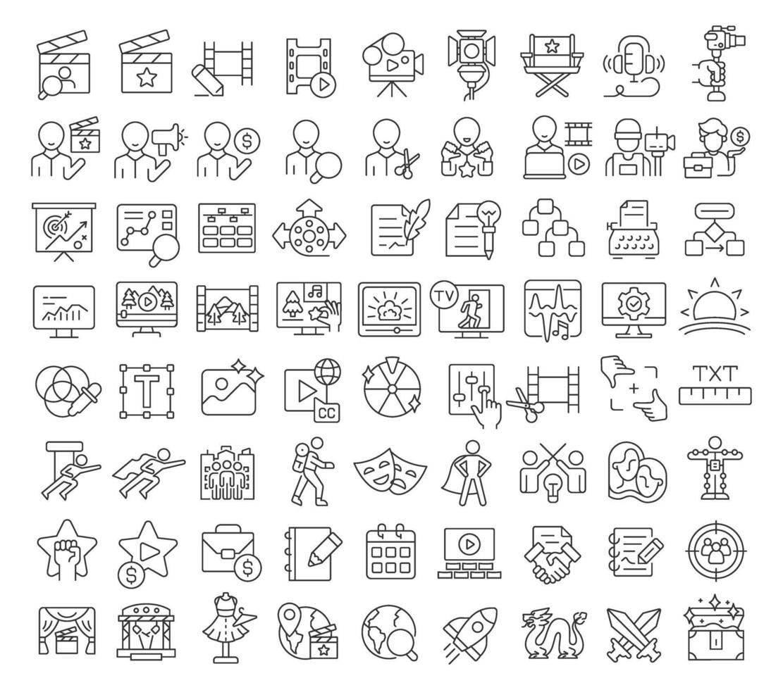 Film production linear icons set. Filmmaking, graphy. Narrative, storytelling. Television, entertainment. Customizable thin line symbols. Isolated outline illustrations. Editable stroke vector