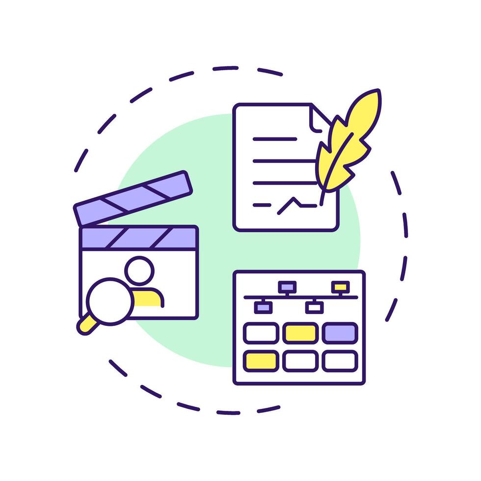 Film pre-production multi color concept icon. Cinematography, entertainment. Filmmaking, planning. Round shape line illustration. Abstract idea. Graphic design. Easy to use in infographic vector