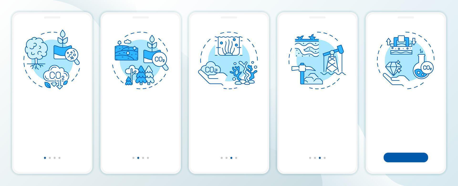 Carbon sequestration types blue onboarding mobile app screen. Walkthrough 5 steps editable graphic instructions with linear concepts. UI, UX, GUI template vector