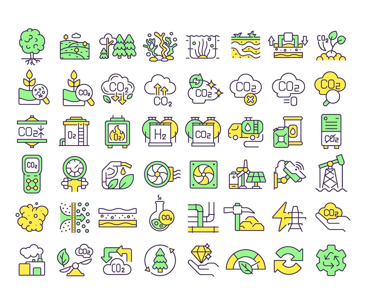 Carbon sequestration RGB color icons set. Co2 emission, gasification. Ecology preservation, pollution. Isolated illustrations. Simple filled line drawings collection. Editable stroke vector
