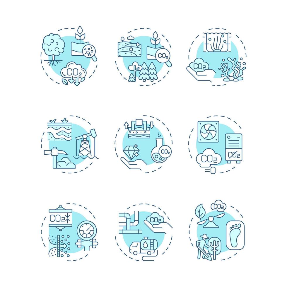 Carbon sequestration soft blue concept icons. Co2 emission, forestation. Greenhouse gas. Icon pack. Round shape illustrations for infographic, presentation. Abstract idea vector