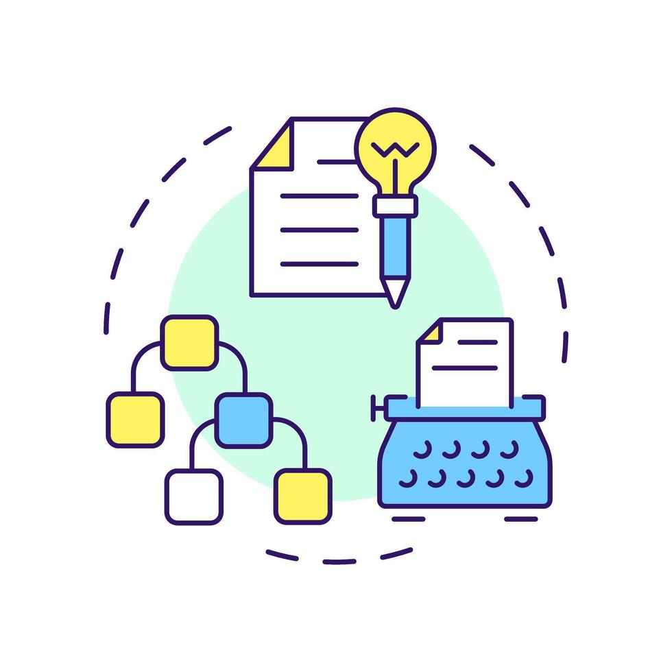 Script writing multi color concept icon. Storyboard, storytelling. Cinematography, screenwriting. Round shape line illustration. Abstract idea. Graphic design. Easy to use in infographic vector