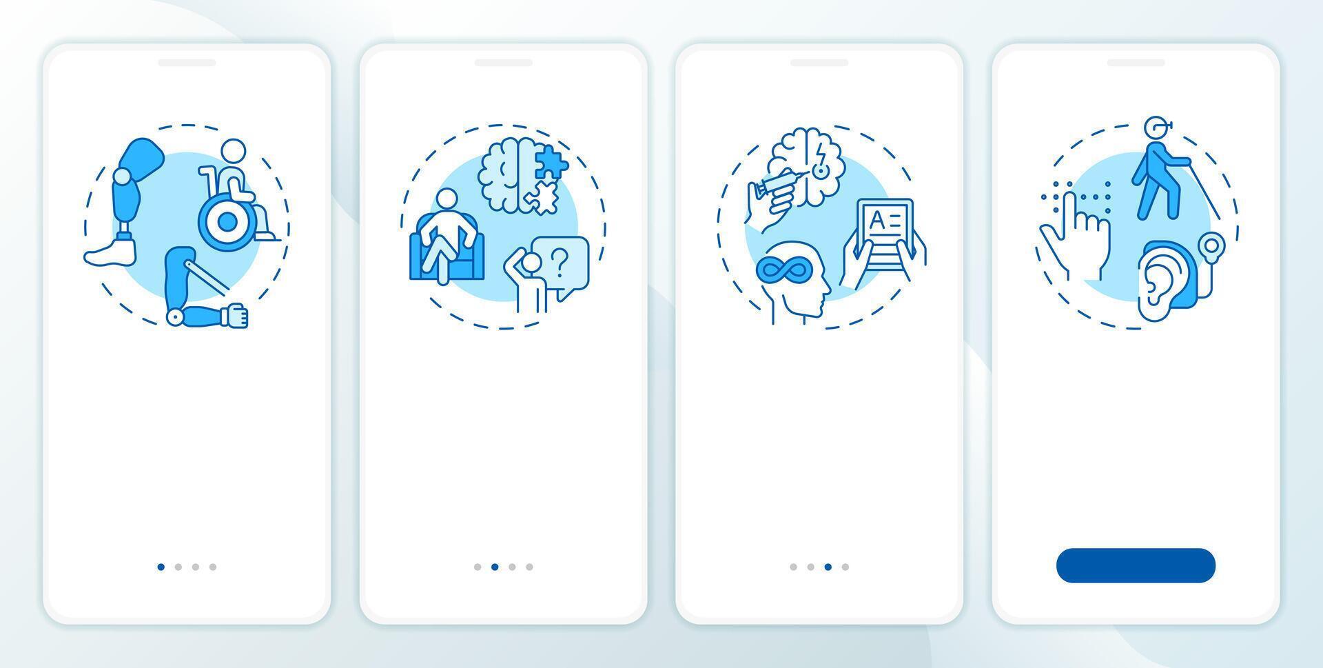 Disability types blue onboarding mobile app screen. Walkthrough 4 steps editable graphic instructions with linear concepts. UI, UX, GUI template vector