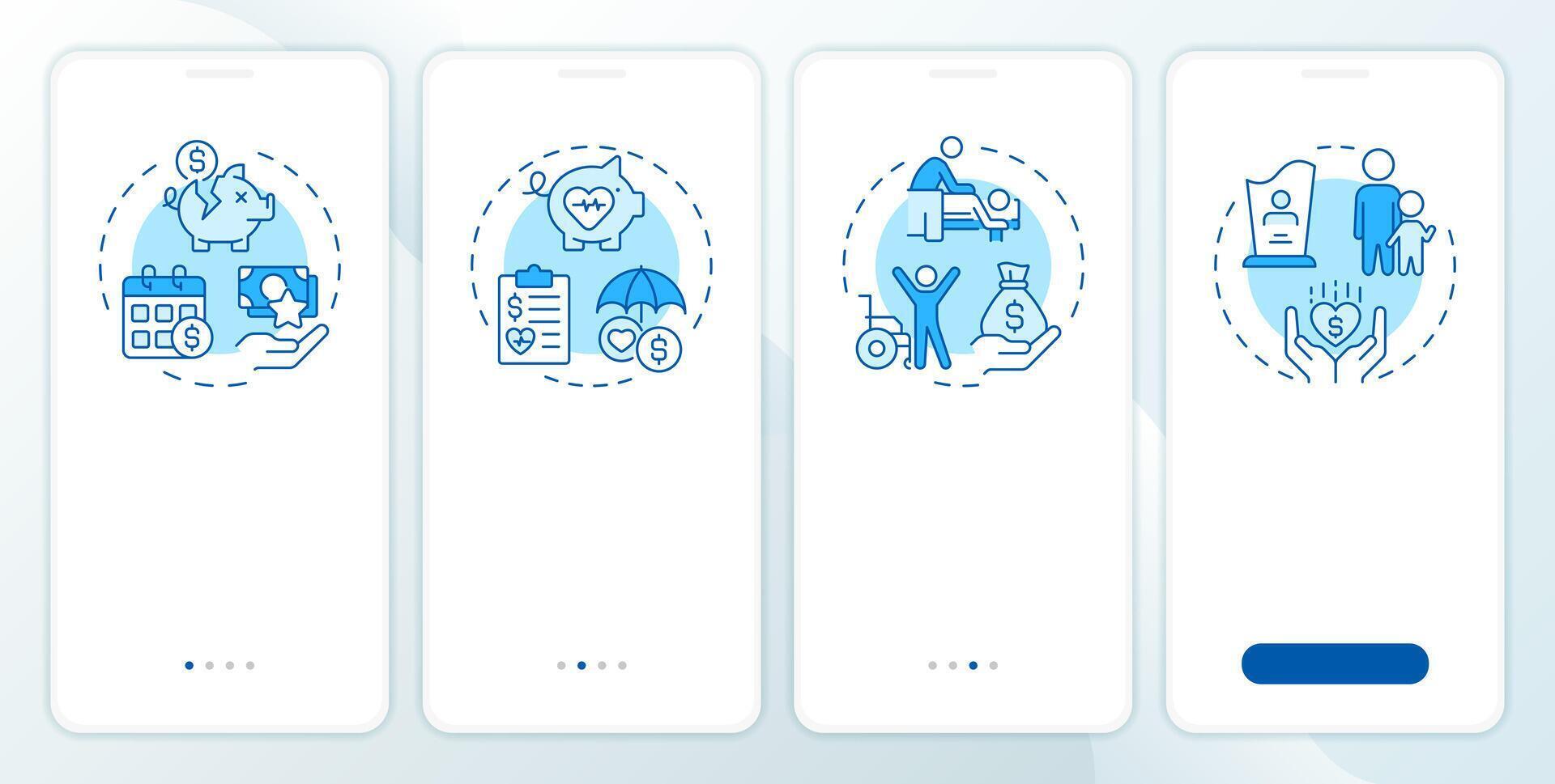 Workers compensation blue onboarding mobile app screen. Walkthrough 4 steps editable graphic instructions with linear concepts. UI, UX, GUI template vector