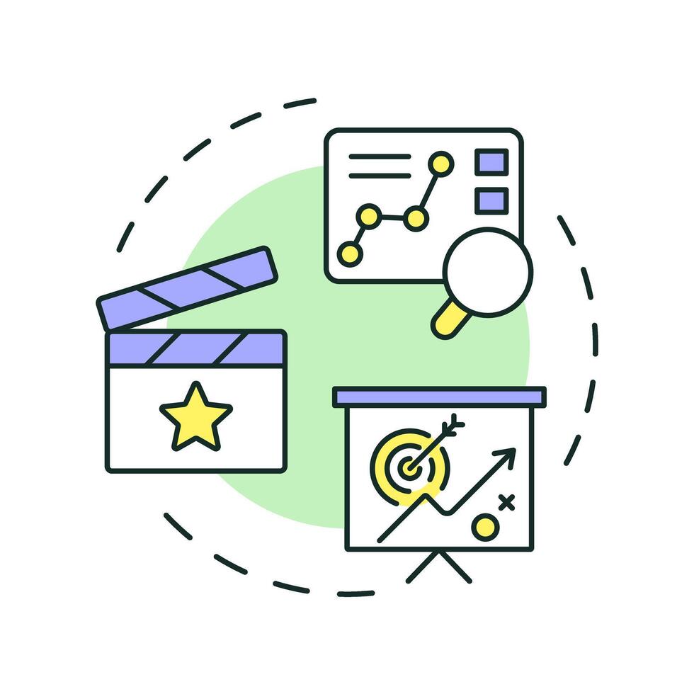 Film marketing multi color concept icon. Promoting strategy, business management. Round shape line illustration. Abstract idea. Graphic design. Easy to use in infographic, presentation vector