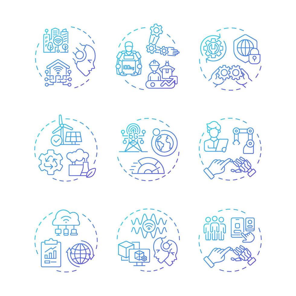 Industry 5 related blue gradient concept icons. Industrial revolution. Smart technologies. Resilienca and sustainability. Icon pack. Round shape illustrations. Abstract idea vector