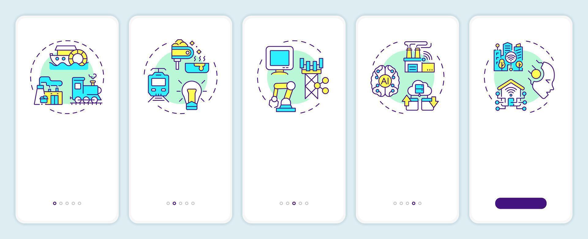 Industrial revolution onboarding mobile app screen. Walkthrough 5 steps editable graphic instructions with linear concepts. UI, UX, GUI template vector