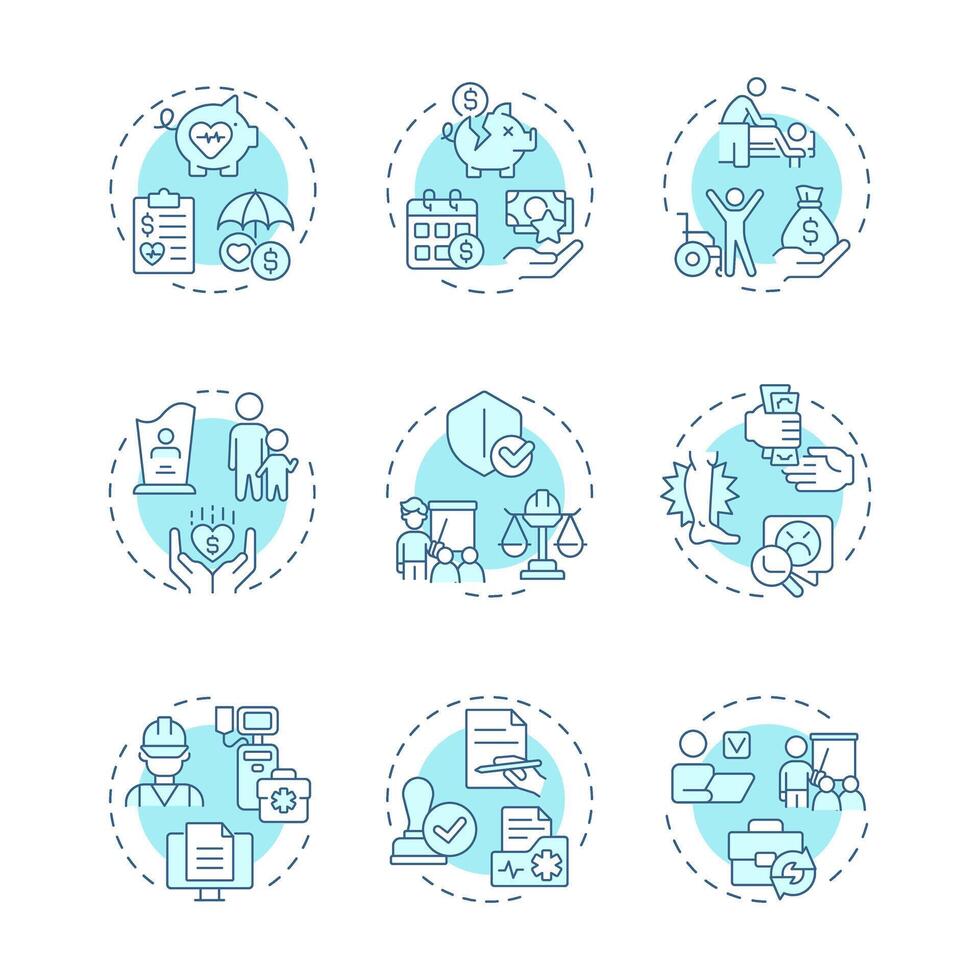 Workers compensation soft blue concept icons. Workplace safety, medical service. Injury treatment. Icon pack. Round shape illustrations for infographic, presentation. Abstract idea vector