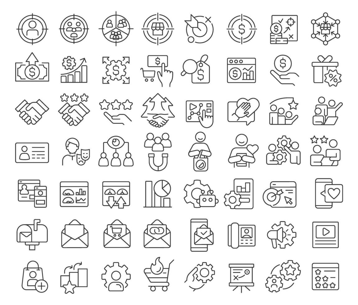 Account-based marketing linear icons set. Sales statistics, customers management. Purchasing metrics. Customizable thin line symbols. Isolated outline illustrations. Editable stroke vector