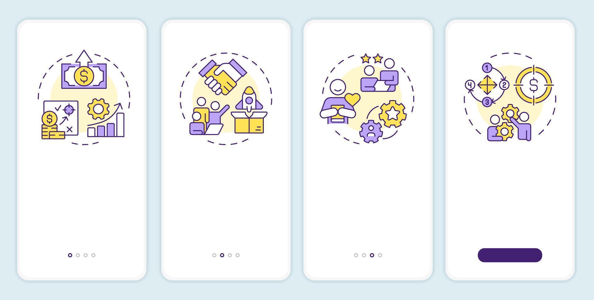 Benefits of abm onboarding mobile app screen. Sales cycle. Walkthrough 4 steps editable graphic instructions with linear concepts. UI, UX, GUI template vector