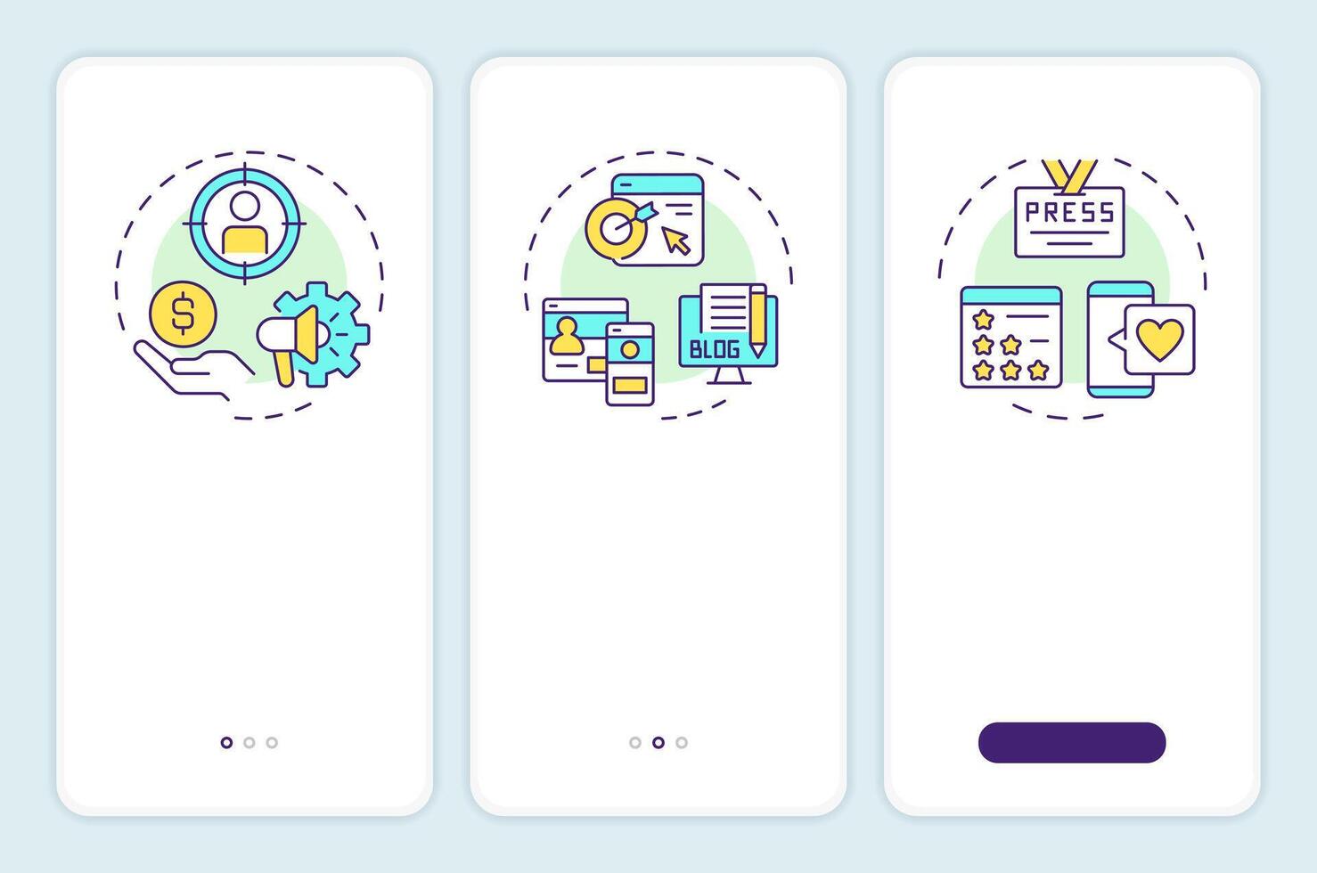 Digital marketing trifecta onboarding mobile app screen. Walkthrough 3 steps editable graphic instructions with linear concepts. UI, UX, GUI template vector