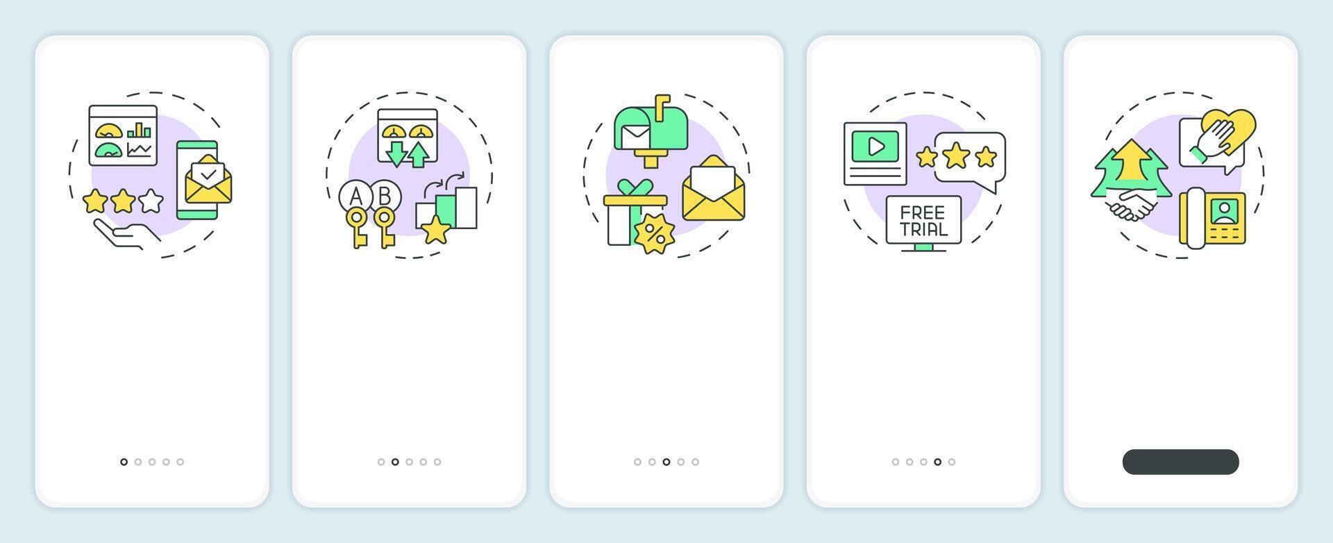 ABM tools onboarding mobile app screen. Seo marketing. Walkthrough 5 steps editable graphic instructions with linear concepts. UI, UX, GUI template vector