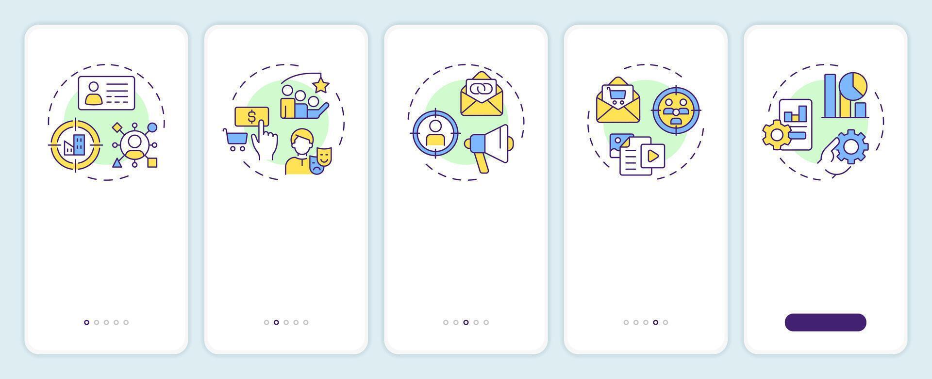 ABM success onboarding mobile app screen. Targeted marketing. Walkthrough 5 steps editable graphic instructions with linear concepts. UI, UX, GUI template vector