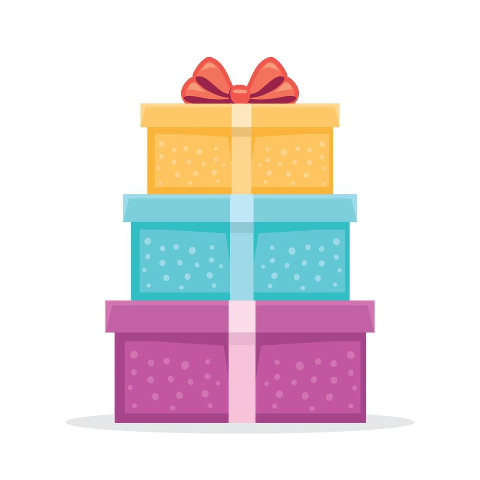 Colorful gift boxes with bows on top of each other vector
