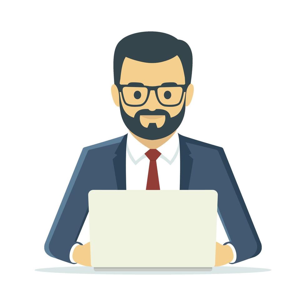 A man in a suit and glasses is sitting at a desk with a laptop vector