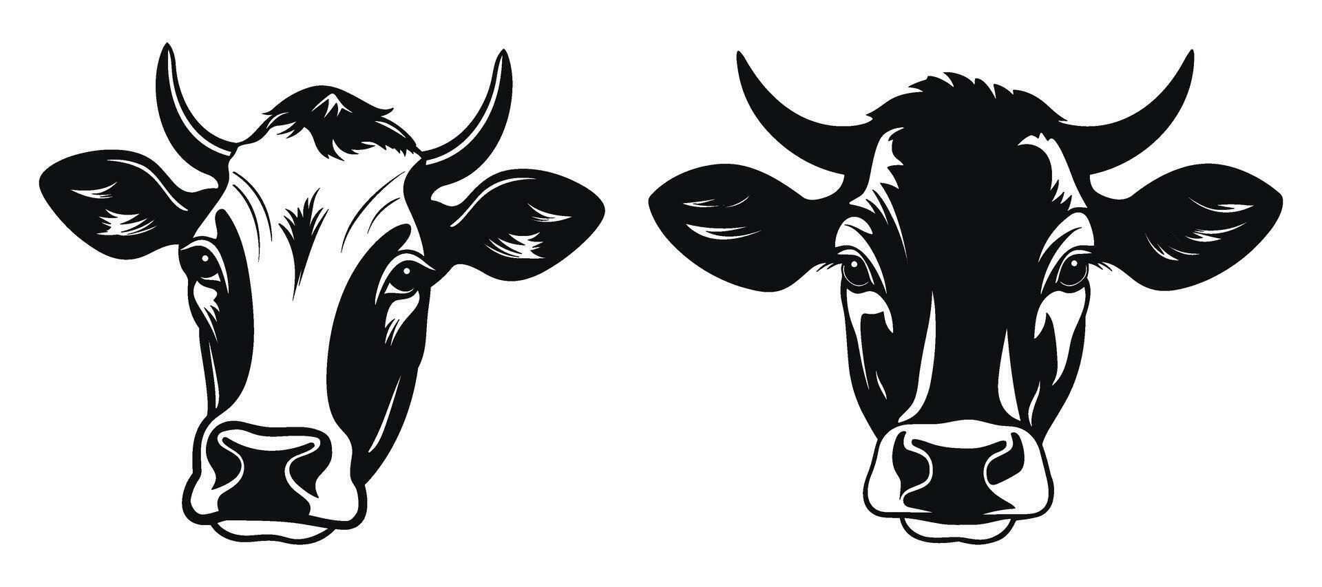 Two cow heads are shown in black and white vector