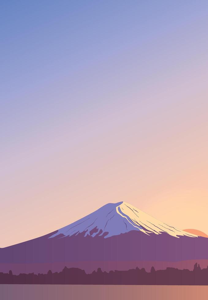 Panoramic evening view of mount Fuji. Landscape with a mountain peak in Japan. Famous landmark Wallpaper. Banner design with a natural landscape. Greeting card template. Sky, sun, water surface. vector