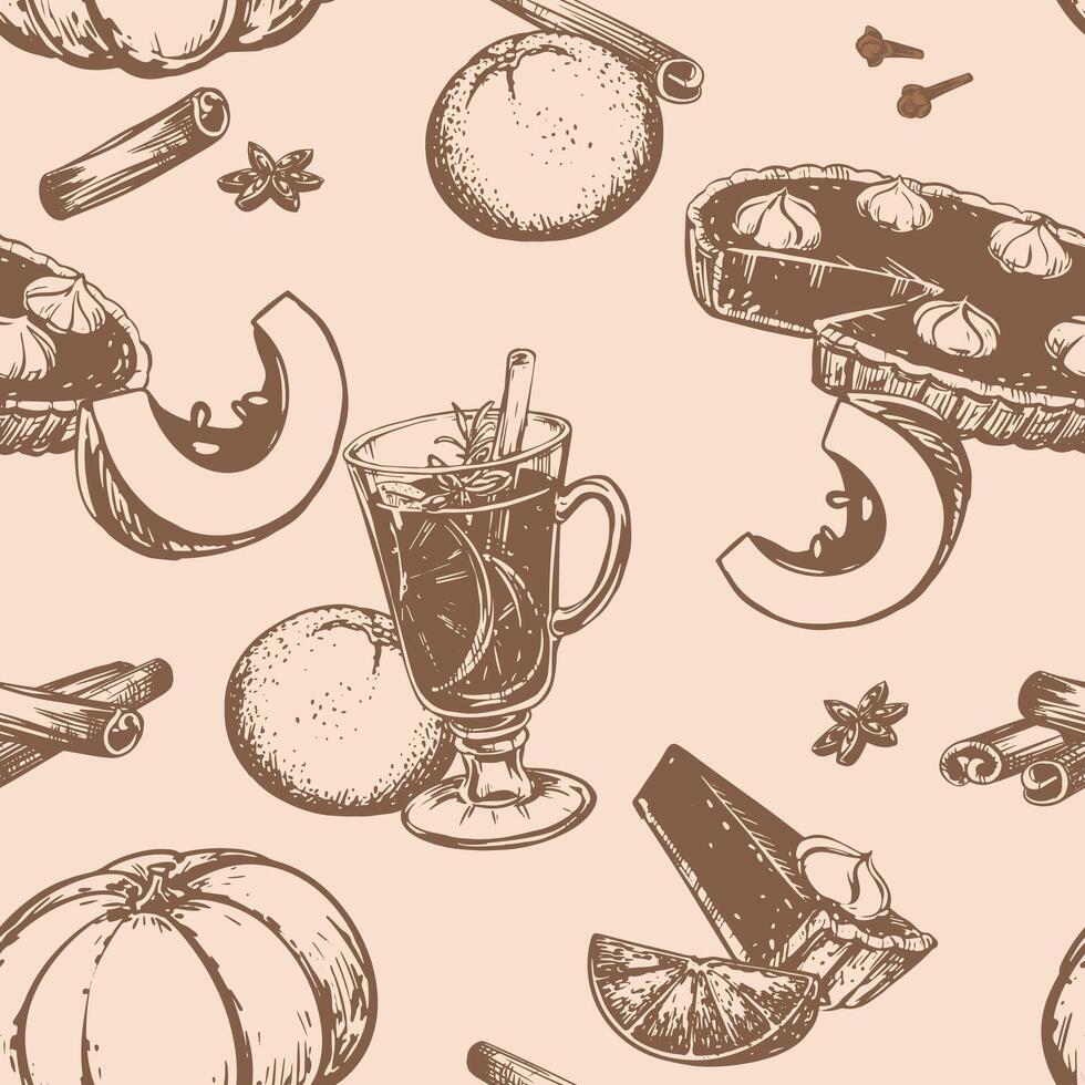 Seamless background for thanksgiving day. pattern of traditional autumn dishes for Halloween. Mulled wine, pumpkins, orange, pumpkin pie with whipped cream, cinnamon and anise. Line drawing. vector