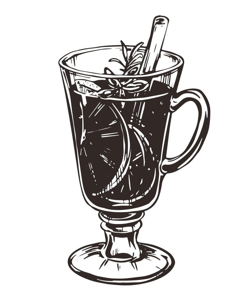 Mulled wine with cinnamon stick, star anise and orange slice. Hand drawn illustration. Engraved style of Christmas alcoholic warming drink with spices. Drawing for menu, label, poster, sign. vector