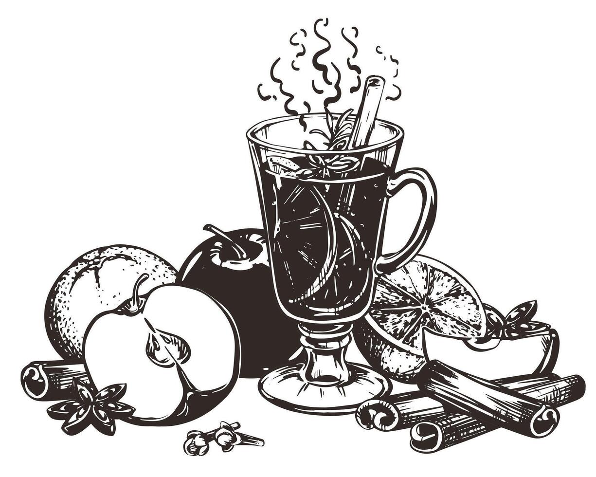 Mulled wine with cinnamon stick, star anise. Glass with warm wine, apples and oranges. Hand drawn illustration. Engraved style of winter alcoholic warming drink with spices. Drawing for menu. vector
