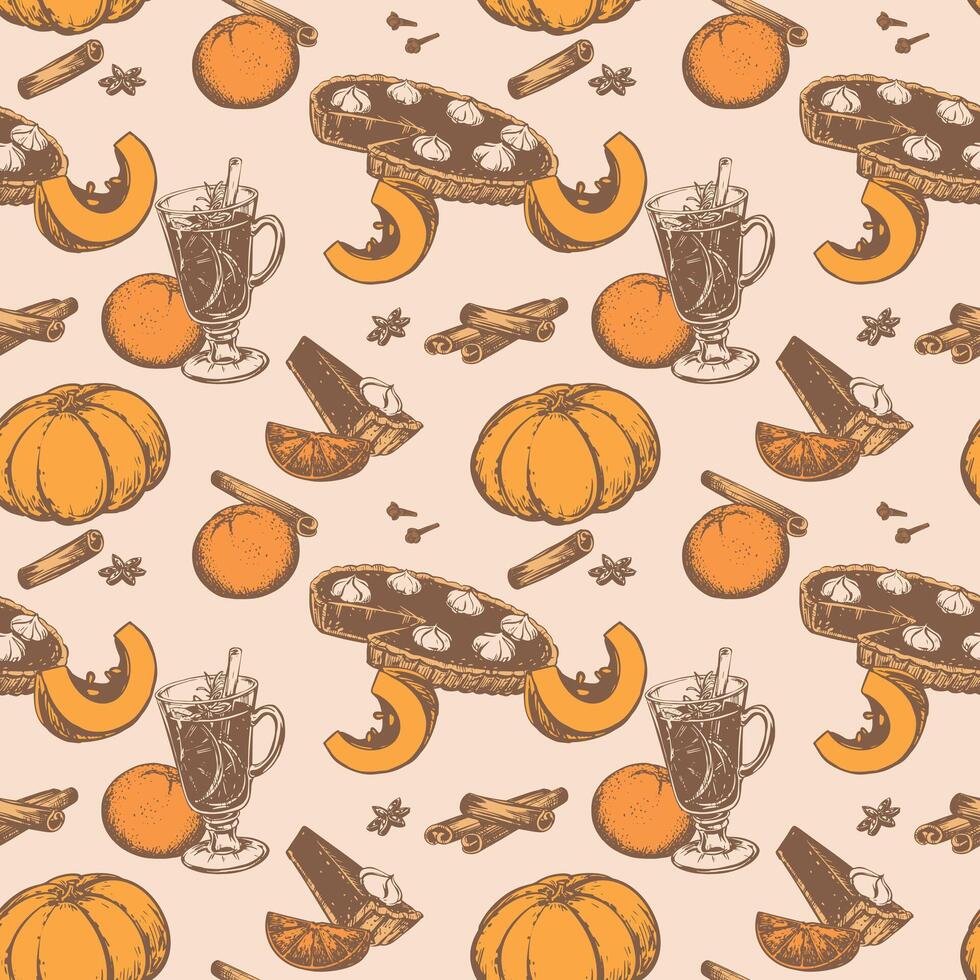 Seamless background for thanksgiving day. pattern of traditional autumn dishes for Halloween. Mulled wine, pumpkins, orange, pumpkin pie with whipped cream, cinnamon and anise. Line drawing. vector