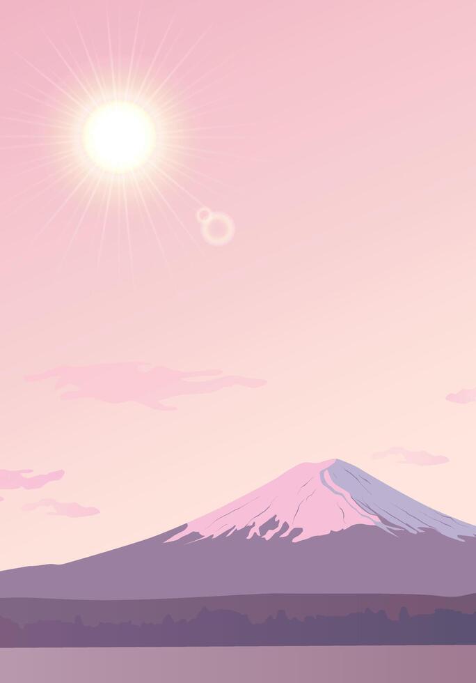 Dawn over Mount Fuji. Morning view of the landmark of Japan. Design for travel banners, journey, invitations. Landscape with a sunrise. Realistic background. View of the rising sun. vector