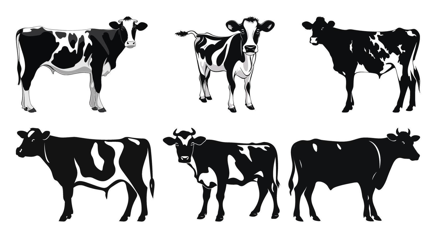 A set of cow silhouettes in different poses vector