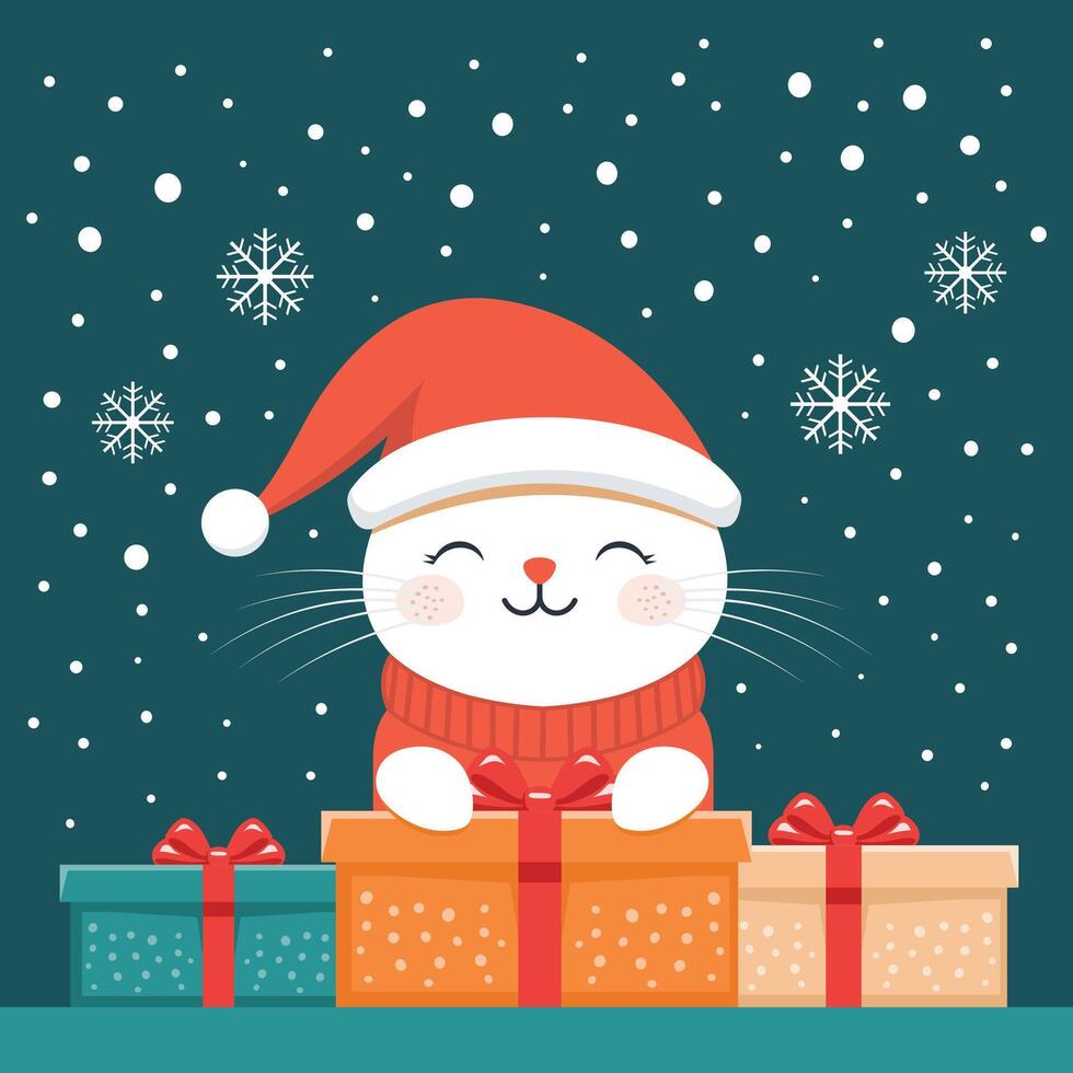Christmas card with a cute cat in santa hat vector