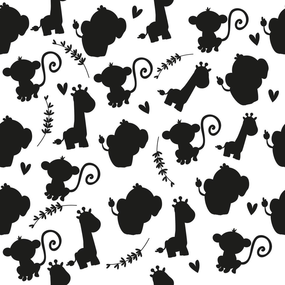 Seamless silhouette pattern kawaii animal characters giraffe, elephant, monkey vector