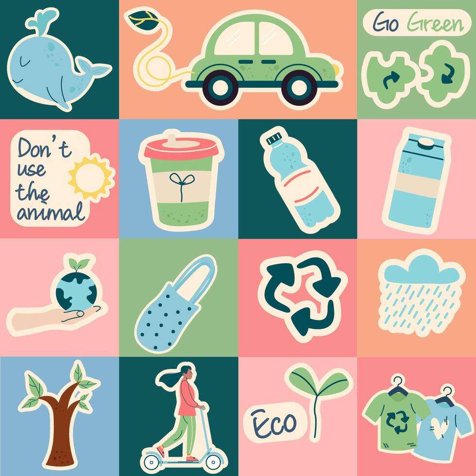 Seamless pattern ecology friendly cute sticker vector