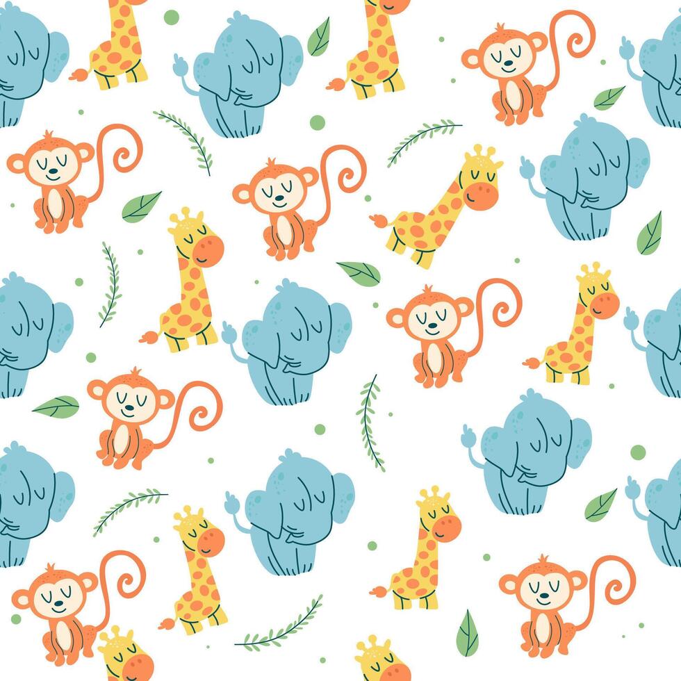 Seamless pattern kawaii animal characters giraffe, elephant, monkey vector