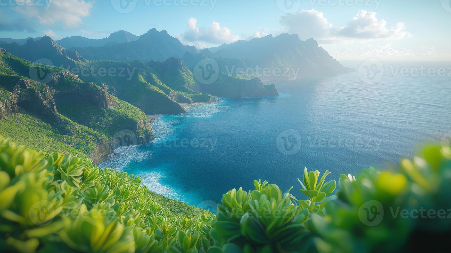 A beautiful view of the ocean and mountains photo